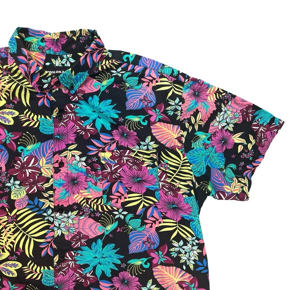 Molokai Surf Co Mens Tropical Floral Hawaiian Button Down Shirt Black Cotton XXL